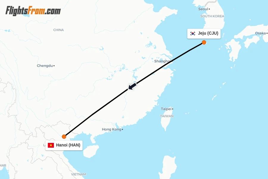 Flights from Jeju to Hanoi route map