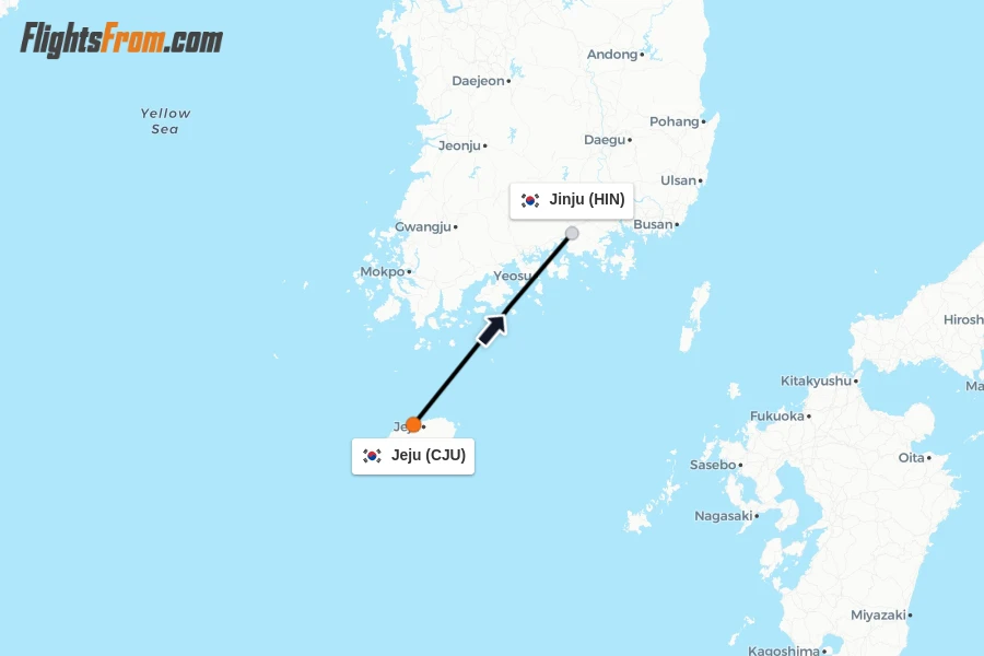 Flights from Jeju to Jinju route map