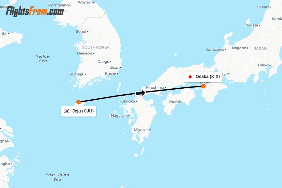 Flights from Jeju to Osaka route map