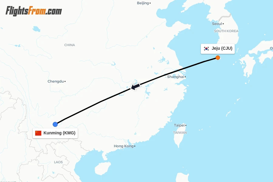 Flights from Jeju to Kunming route map