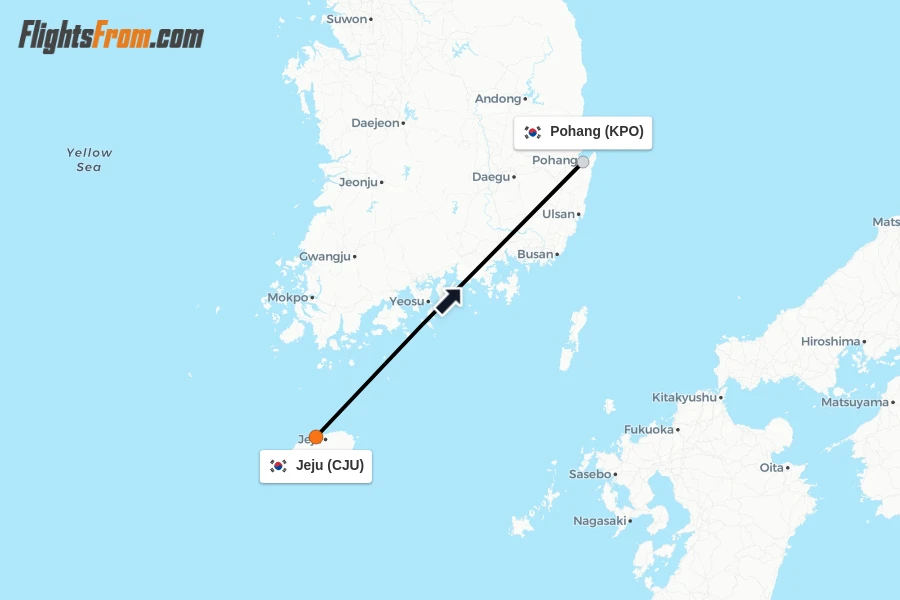 Flights from Jeju to Pohang route map