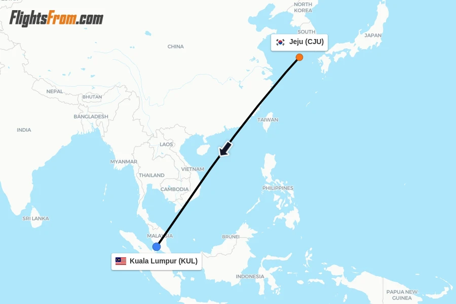 Flights from Jeju to Kuala Lumpur route map