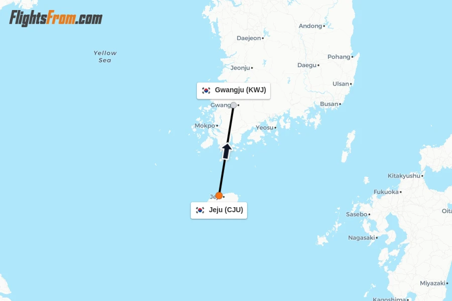 Flights from Jeju to Gwangju route map