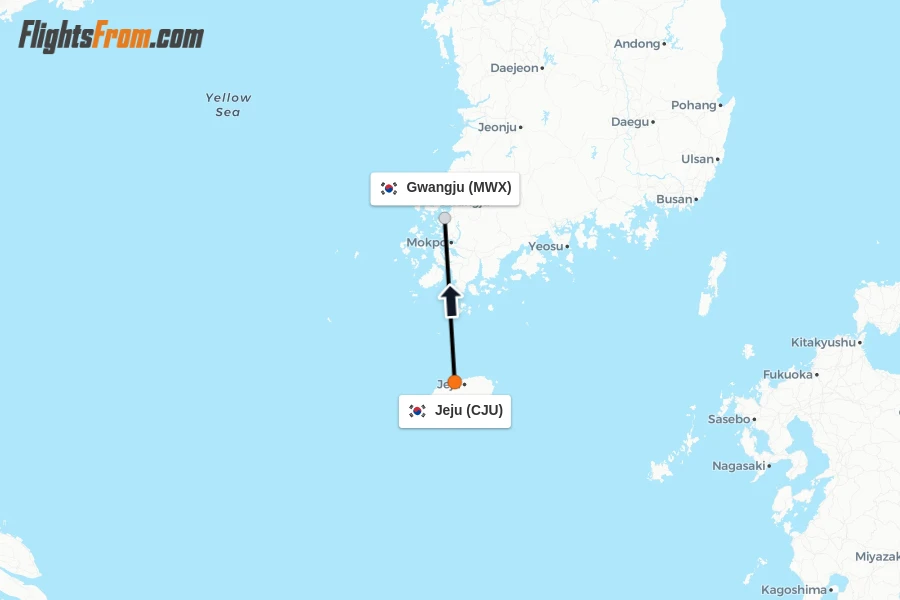 Flights from Jeju to Gwangju route map