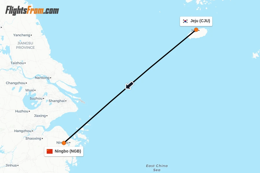 Flights from Jeju to Ningbo route map