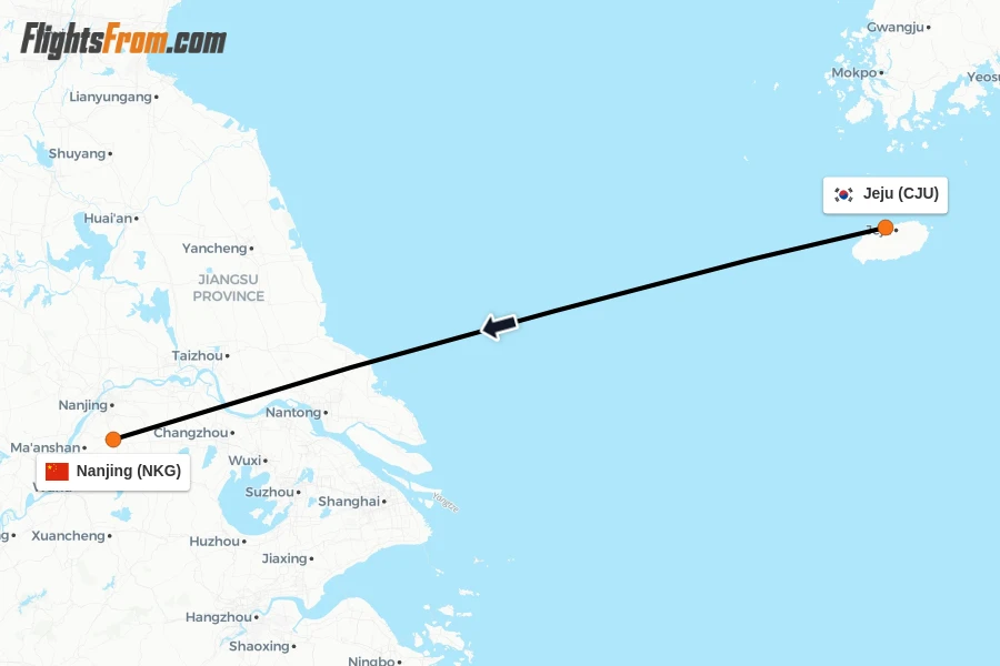 Flights from Jeju to Nanjing route map