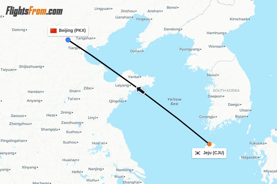 Flights from Jeju to Beijing route map