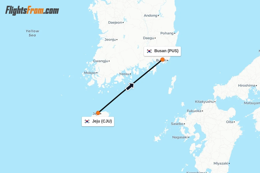 Flights from Jeju to Busan route map