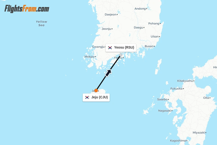 Flights from Jeju to Yeosu route map