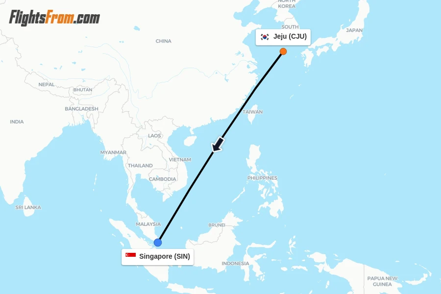 Flights from Jeju to Singapore route map