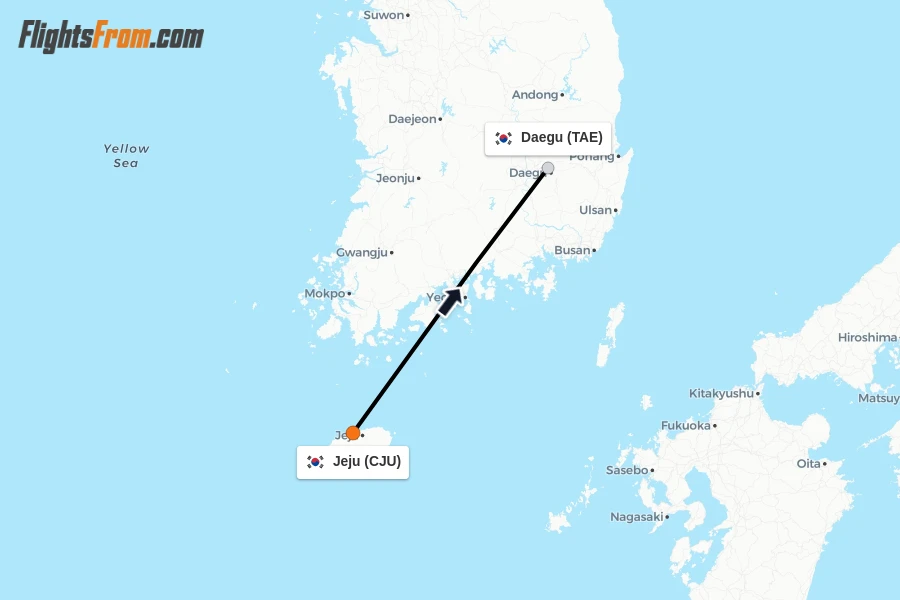 Flights from Jeju to Daegu route map