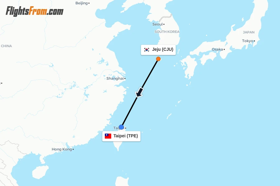 Flights from Jeju to Taipei route map