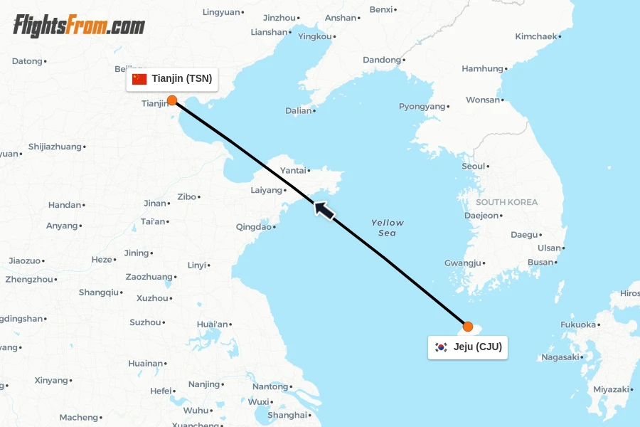 Flights from Jeju to Tianjin route map