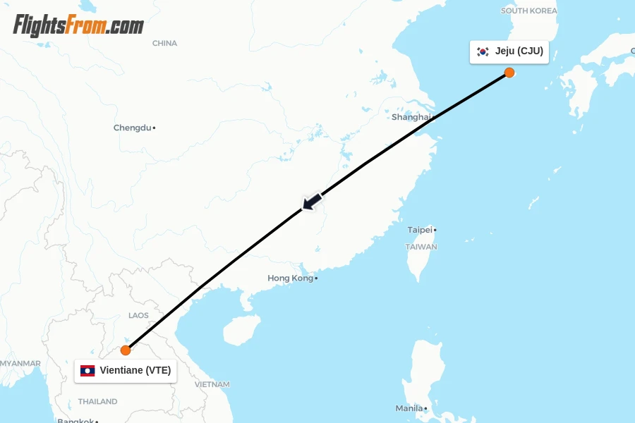 Flights from Jeju to Vientiane route map