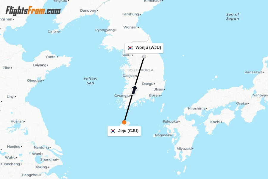 Flights from Jeju to Wonju route map