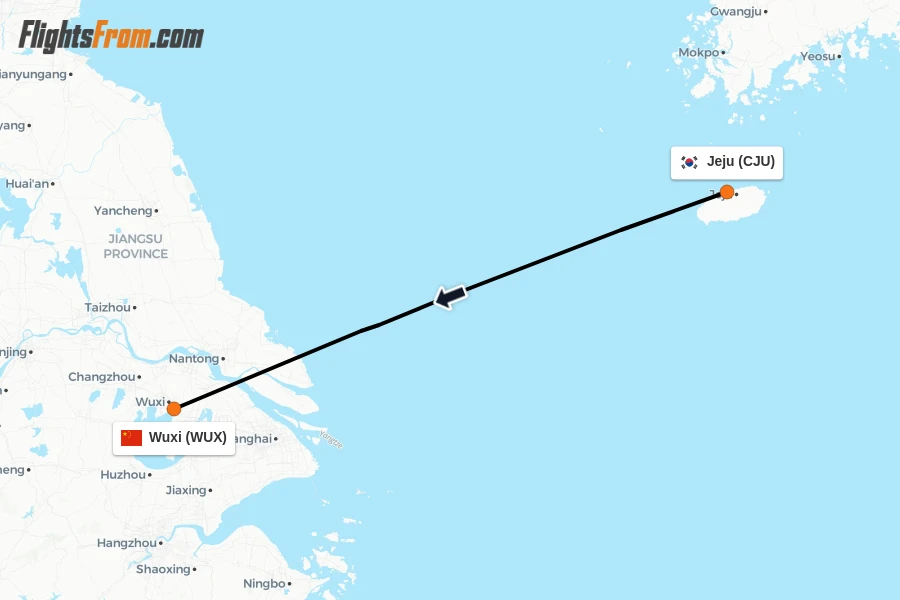 Flights from Jeju to Wuxi route map