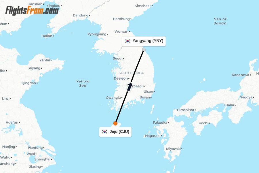 Flights from Jeju to Yangyang route map
