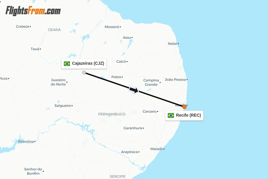 Flights from Cajazeiras to Recife route map