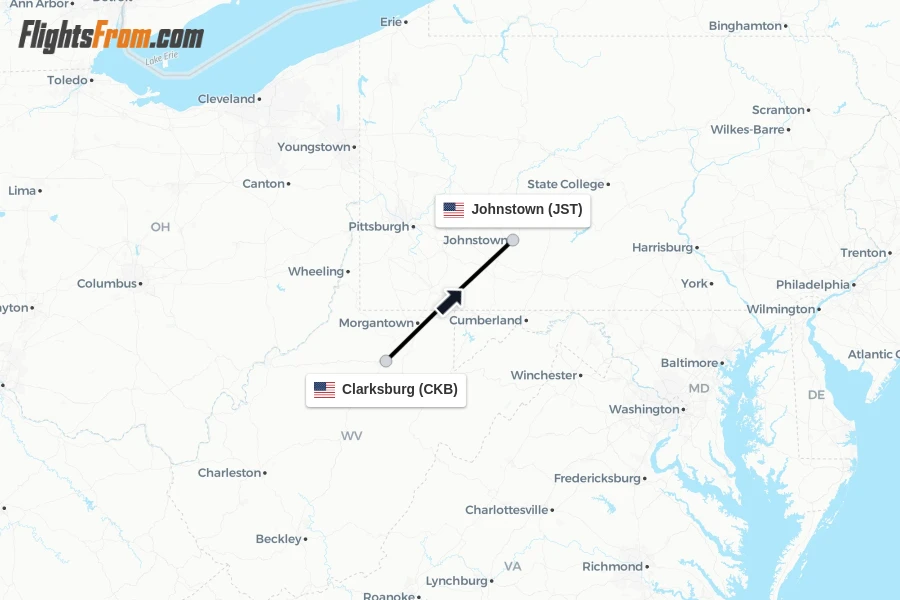 Flights from Clarksburg to Johnstown route map