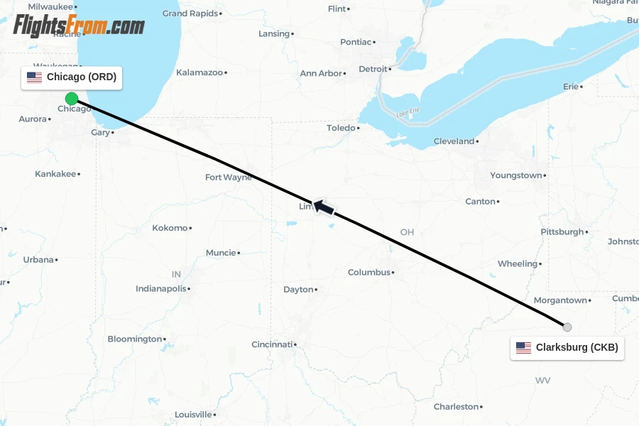 Flights from Clarksburg to Chicago route map