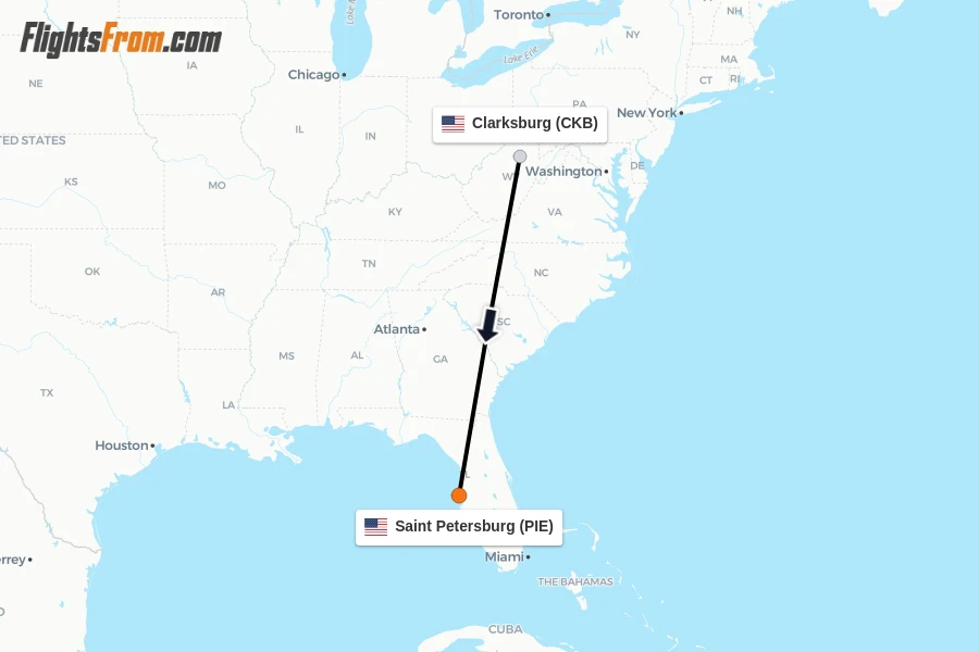 Flights from Clarksburg to Saint Petersburg route map