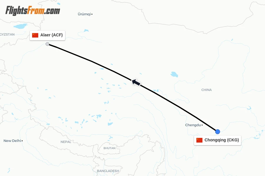 Flights from Chongqing to Alaer route map