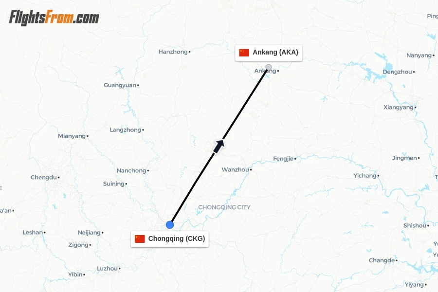 Flights from Chongqing to Ankang route map
