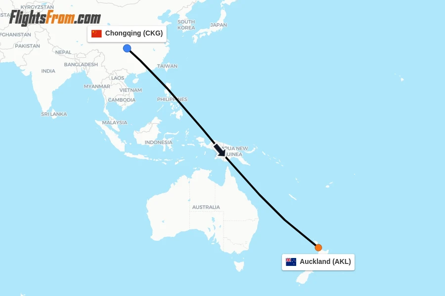 Flights from Chongqing to Auckland route map