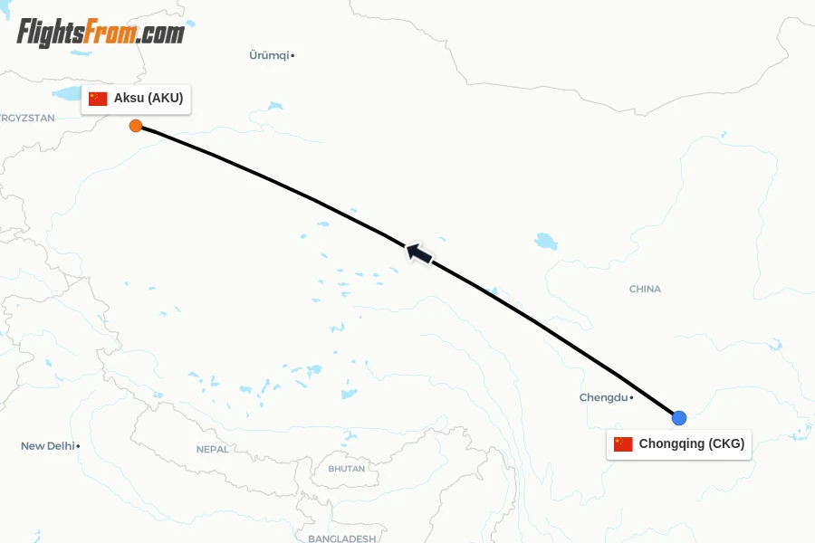 Flights from Chongqing to Aksu route map