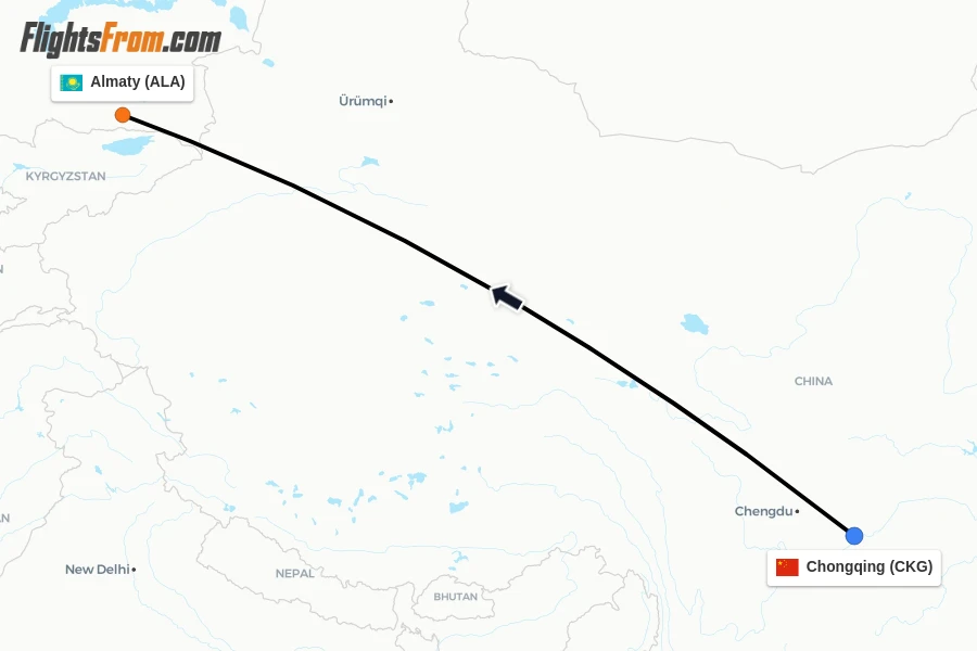 Flights from Chongqing to Almaty route map