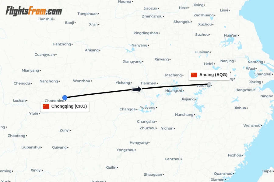Flights from Chongqing to Anqing route map