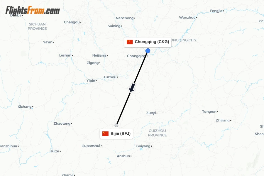 Flights from Chongqing to Bijie route map
