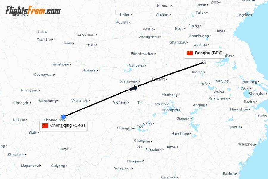 Flights from Chongqing to Bengbu route map