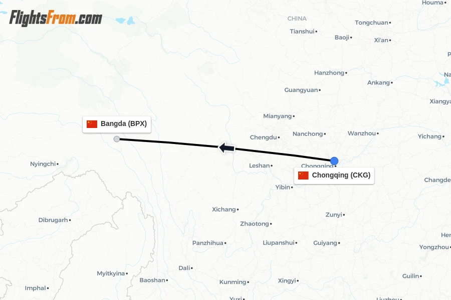 Flights from Chongqing to Bangda route map
