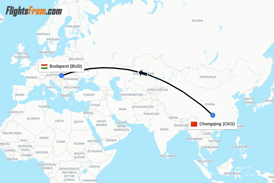 Flights from Chongqing to Budapest route map
