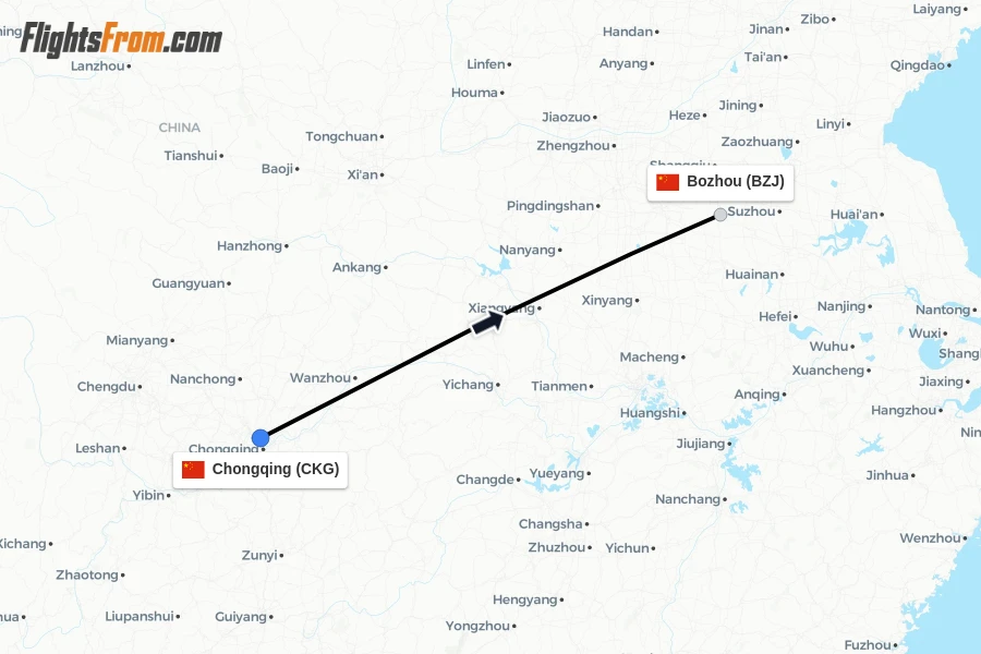 Flights from Chongqing to Bozhou route map