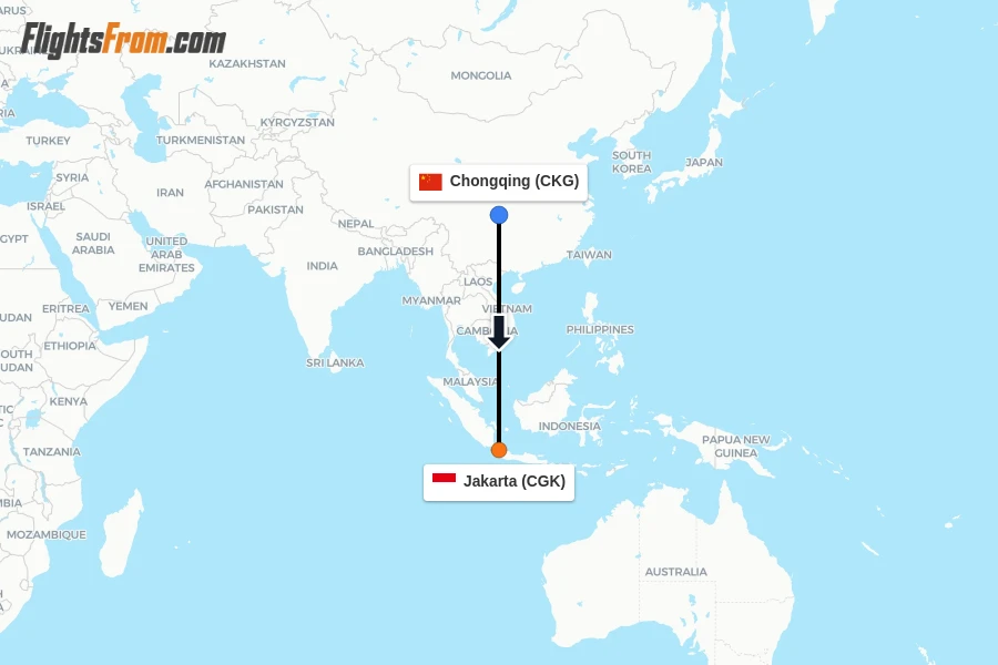 Flights from Chongqing to Jakarta route map