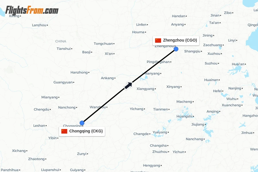 Flights from Chongqing to Zhengzhou route map