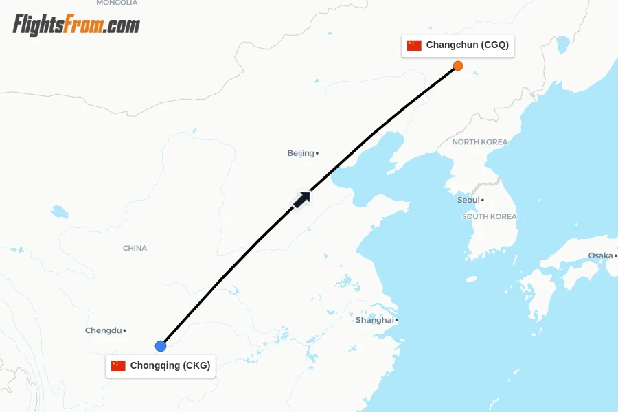 Flights from Chongqing to Changchun route map