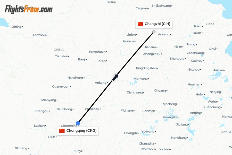 Flights from Chongqing to Changzhi route map