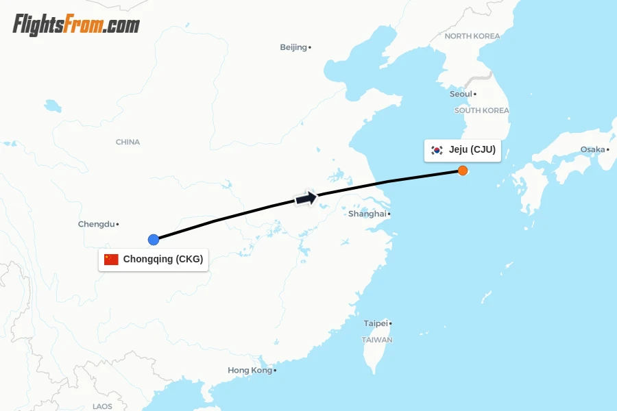 Flights from Chongqing to Jeju route map