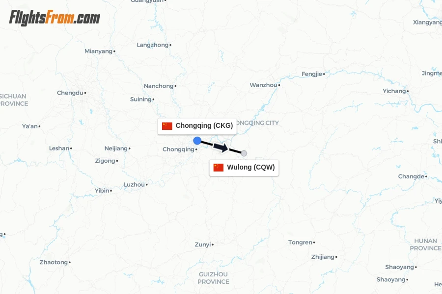 Flights from Chongqing to Wulong route map