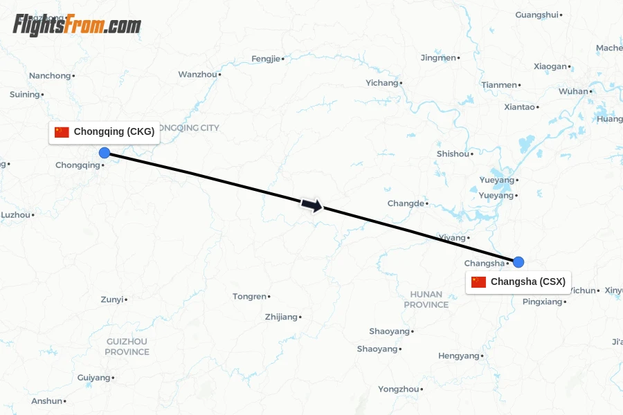 Flights from Chongqing to Changsha route map