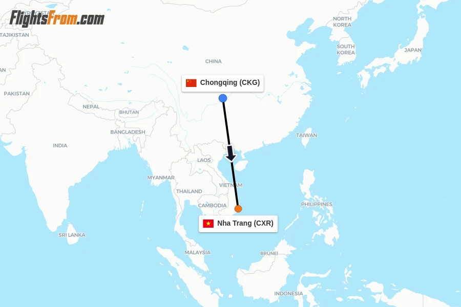 Flights from Chongqing to Nha Trang route map