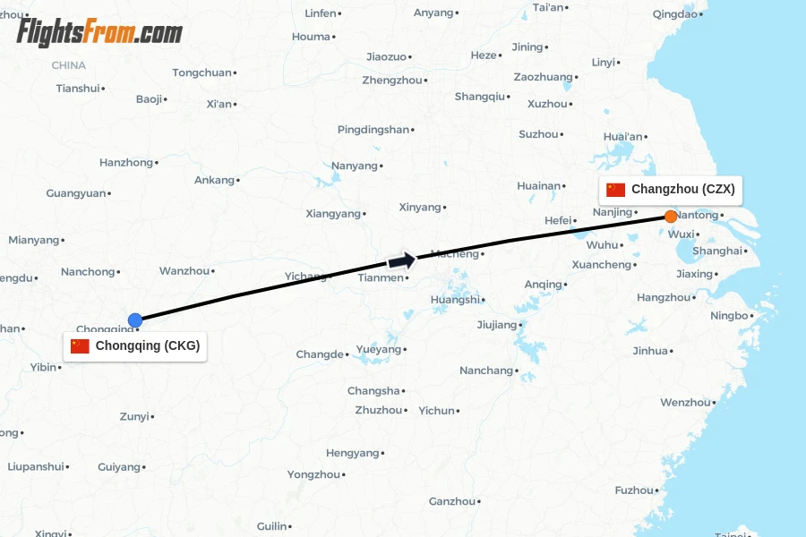 Flights from Chongqing to Changzhou route map