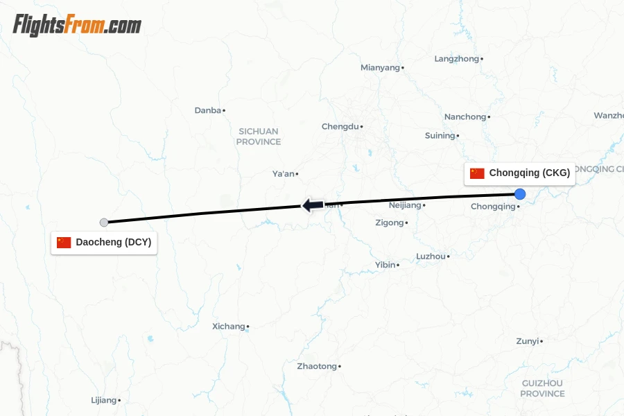 Flights from Chongqing to Daocheng route map