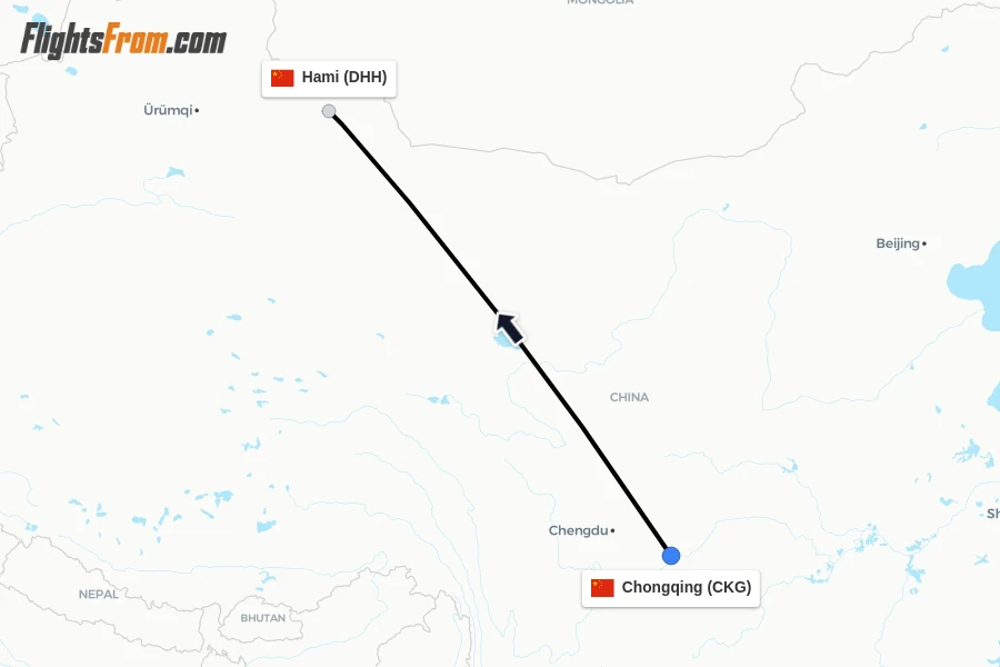Flights from Chongqing to Hami route map