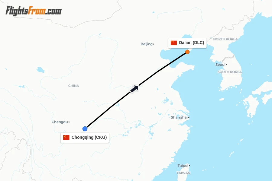 Flights from Chongqing to Dalian route map