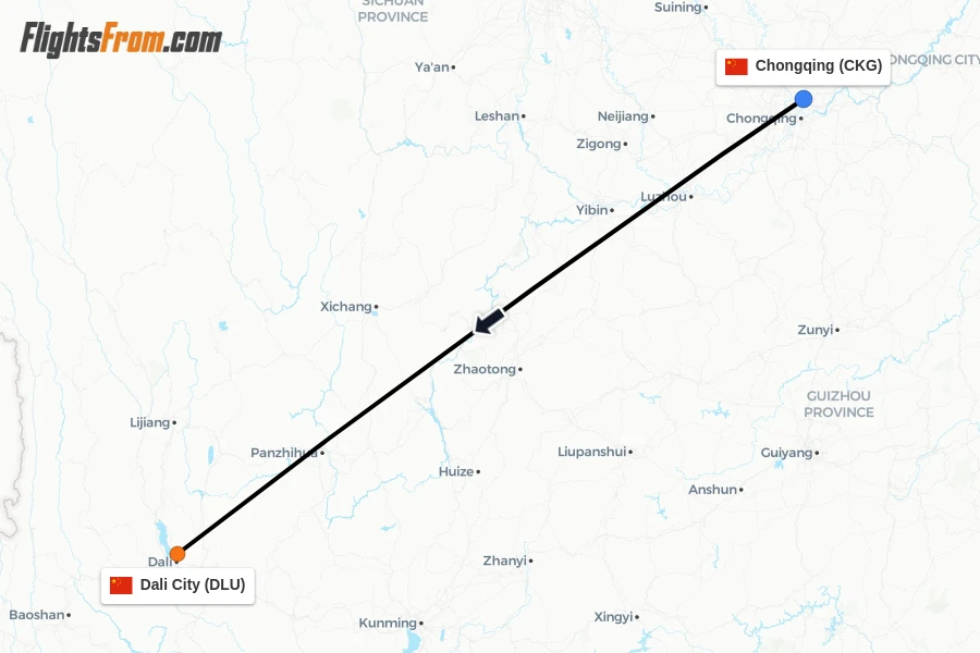 Flights from Chongqing to Dali City route map