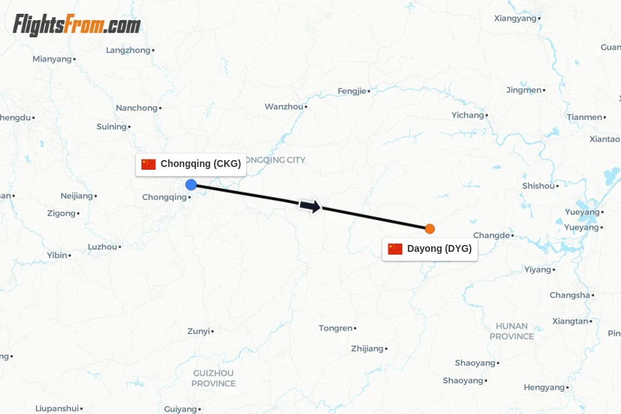 Flights from Chongqing to Dayong route map